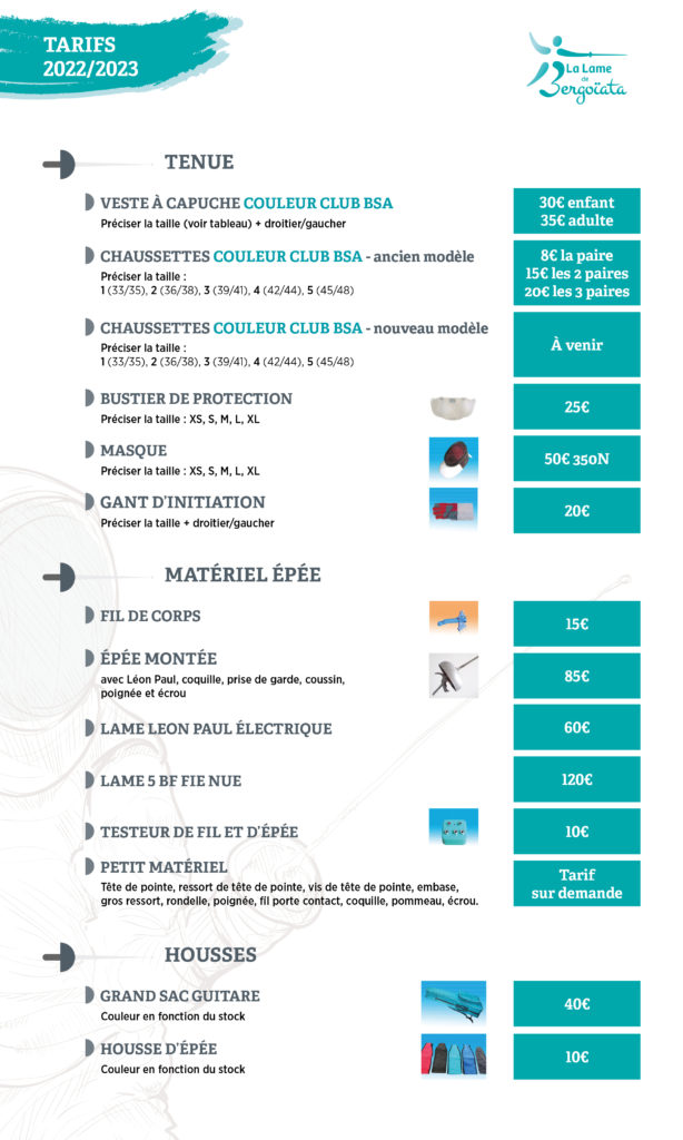 Tarifs du matériel d'escrime du Club de Bourg Saint Andéol